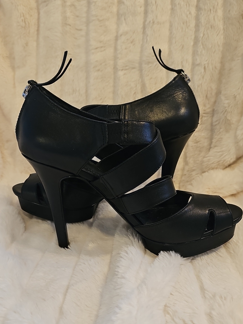 BCBGeneration Black Strappy Platform Peep-Toe Sandals